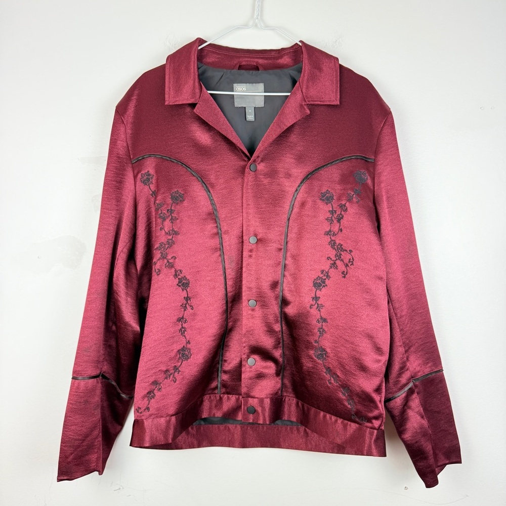 ASOS Embroidered Satin Western Jacket Burgundy Floral Snap Front